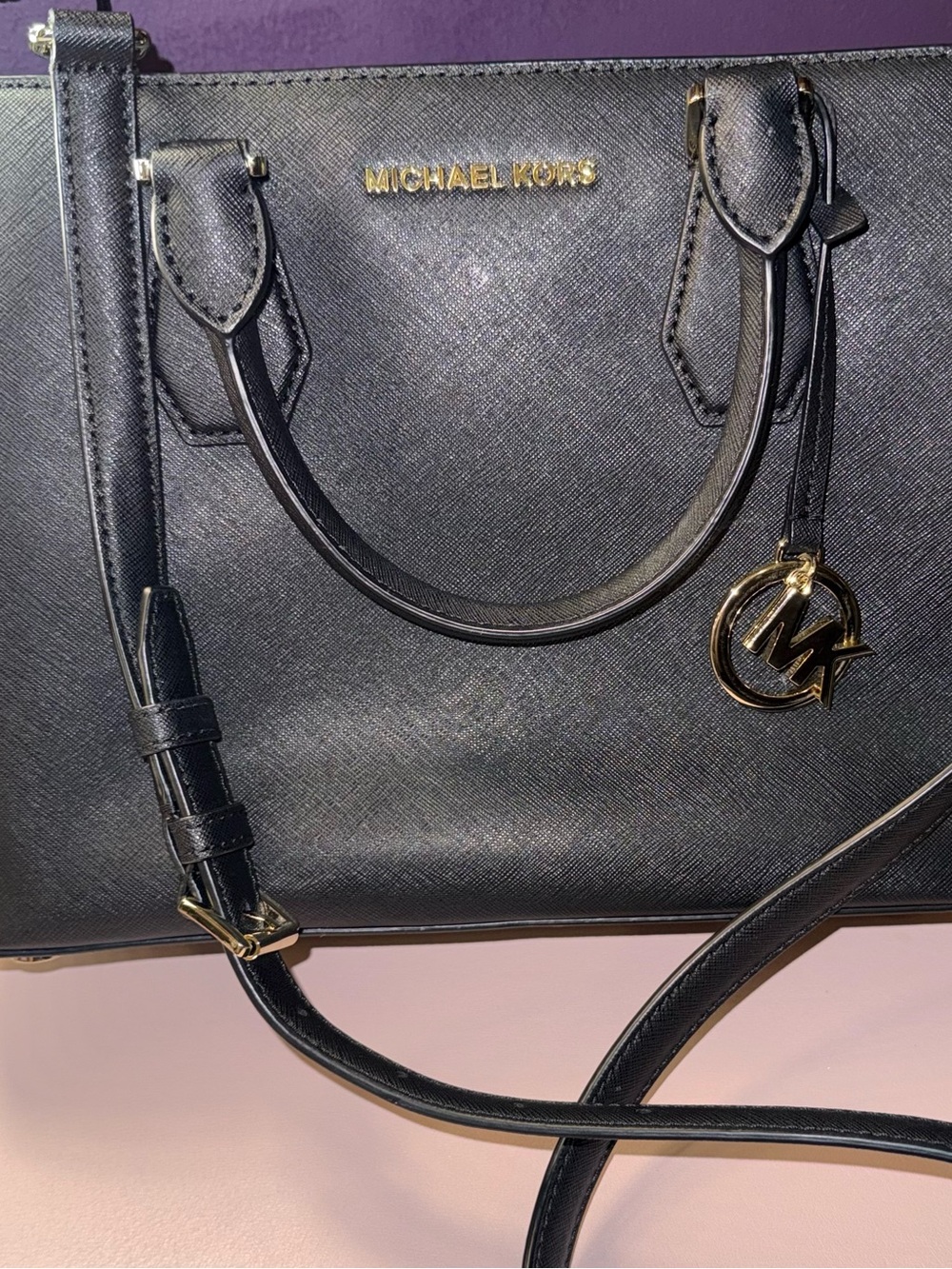 Michael Kors Black Leather Satchel with Gold Logo Charm